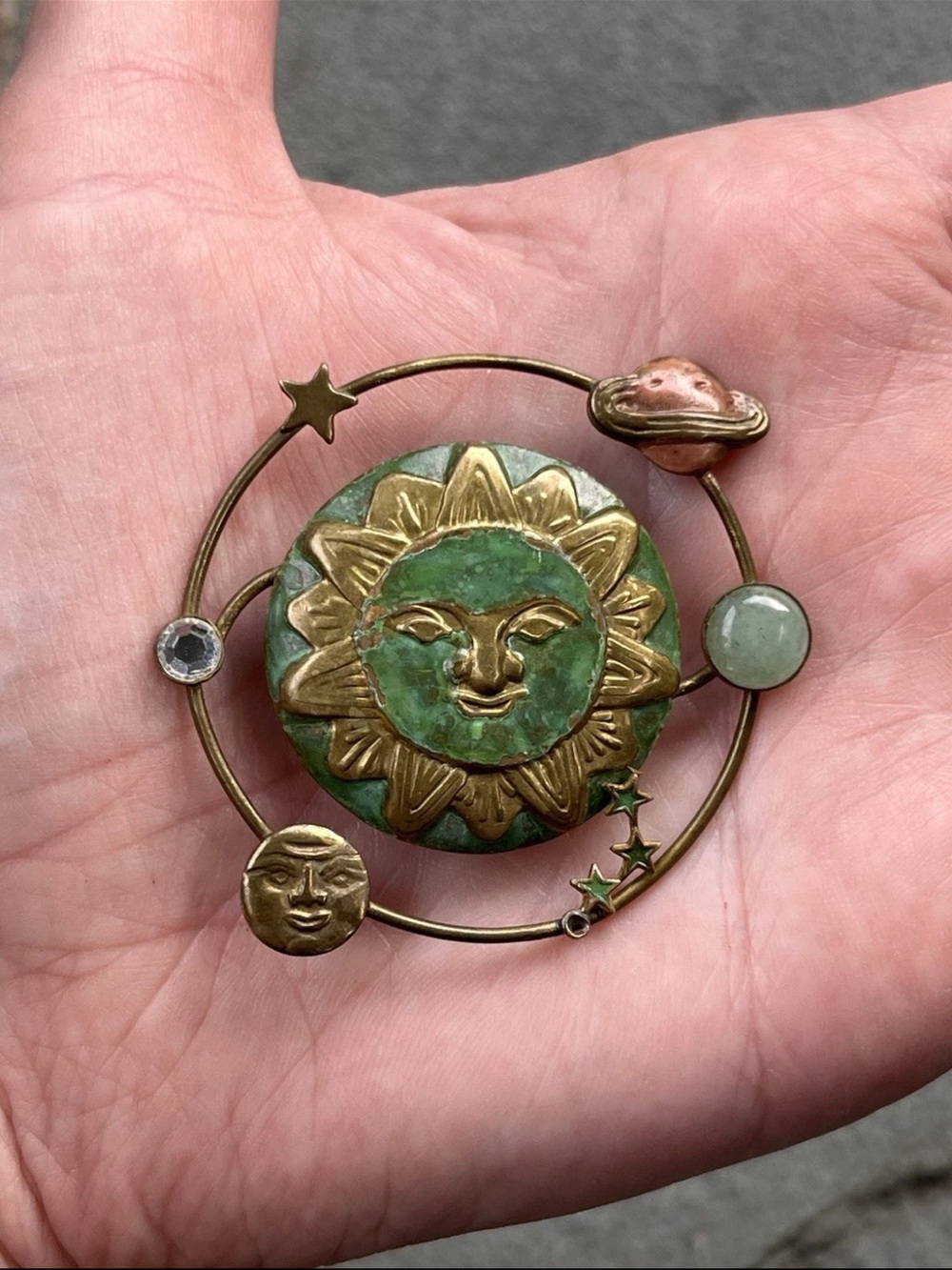 Artisan Celestial Sun Moon Planets Brooch Brass Green Cabochon 2” Whimsigoth